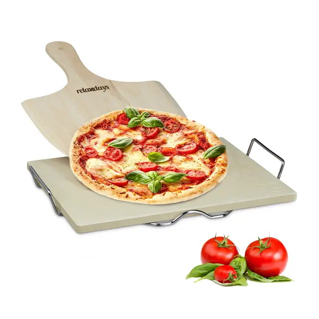 Relaxdays Set de Piedra Horno, Pala Pizza y Soporte Metálico, Bandeja, 1,5 cm de Grosor, Cordierita-Madera-Metal, Marrón
