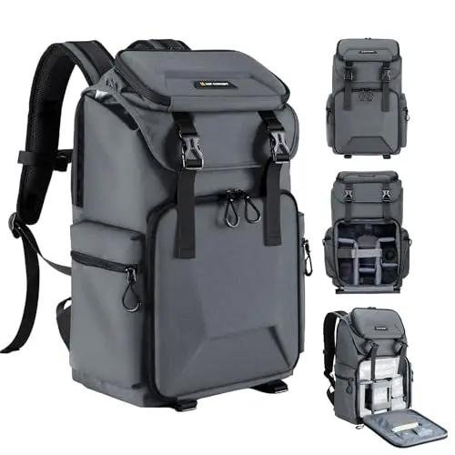 K&F CONCEPT Mochila Fotográfica Profesional, Mochila para Cámara para Fotógrafos, Bolsa para Cámara Impermeable de Gran Capacidad, Gran Estabilidad, Compartimento para Portátil de 16 Pulgadas, Gris