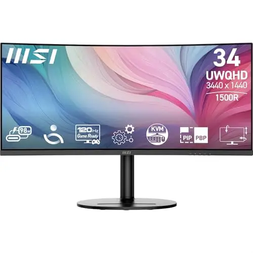 MSI Modern MD342CQP Monitor Curvo de 34'' UWQHD 1500R - Panel VA 3440 x 1440, KVM, Pip/PBP, Amplia, Altavoces Integrados, Ajustable en 3 direcciones - HDMI 2.0b, DisplayPort (1.4a)
