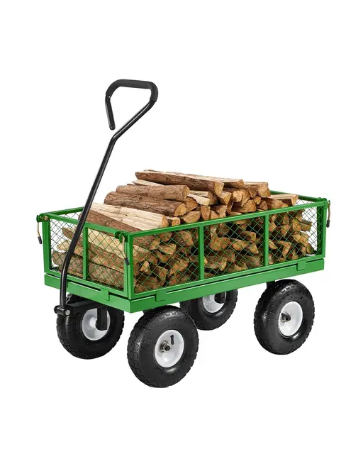 VEVOR Carrito de Jardín de Acero de 1700 x 480 x 515 mm con Neumáticos de 10", Laterales de Malla Extraíbles y Manija Giratoria de 180° para Exterior, Capacidad máxima de Carga de 308,44 kg, Verde