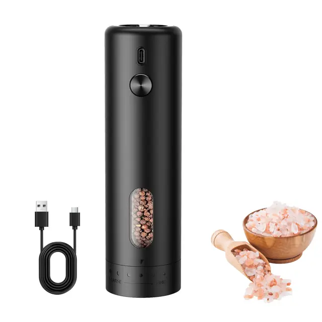 MERTTURM Molinillos de Pimienta Eléctricos Recargables, Molinillo de Especias con Luz LED, Granero de 110 ml, Grosor externo ajustable Molinillo de Sal para Cocina, BBQ, Negro(1PCS)