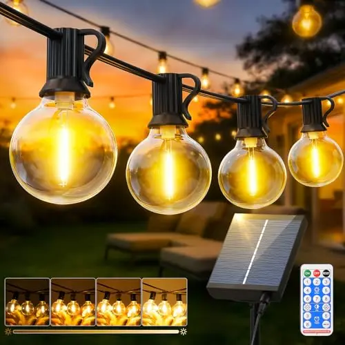 Solares Guirnalda Luces Exterior Jardin - 15M Guirnaldas Luz Exterior Solar with Control Remoto LED Regulable Bombillas Exteriores Jardin G40 for Balcon Terraza Boda Fiesta