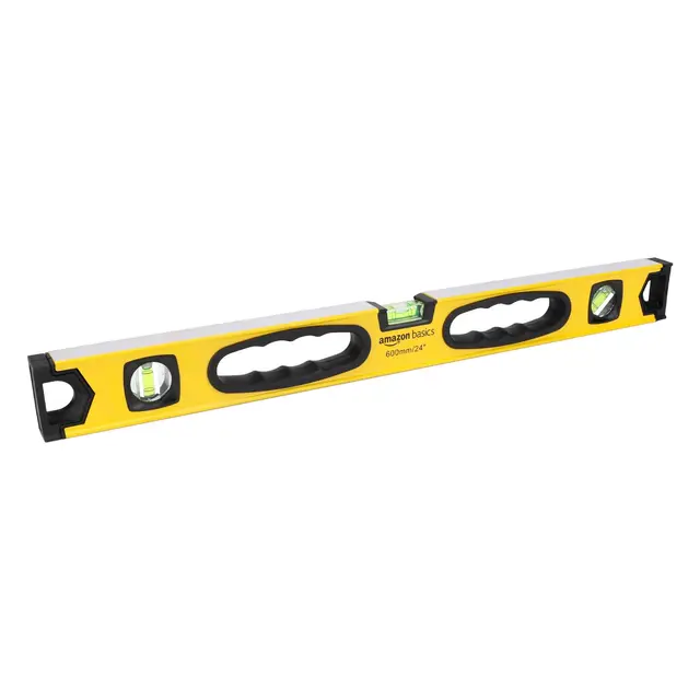 Amazon Basics Nivel de burbuja magnético de aleación de aluminio resistente a los golpes, de 60.9 cm, plomada/nivel/burbujas, 180, 90 y 45 grados, Amarillo,negro