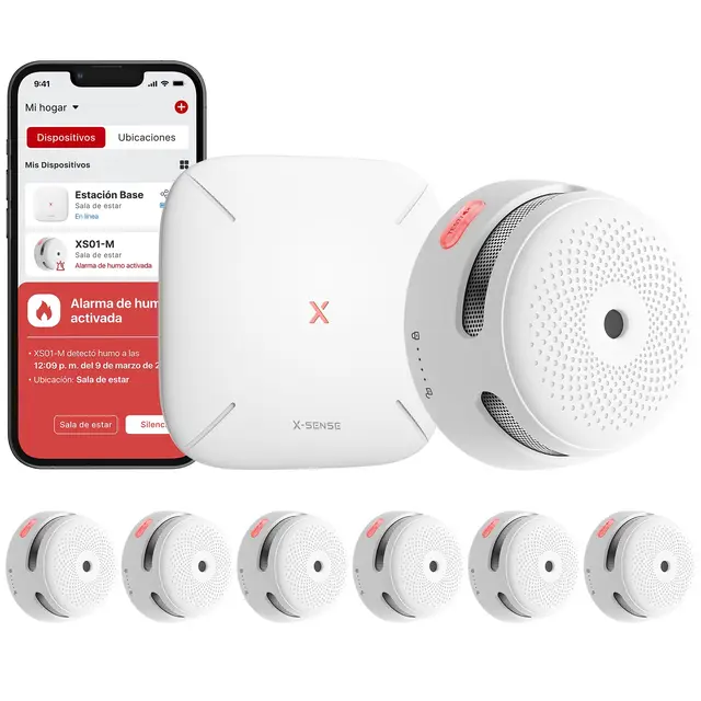 X-Sense Detector de Humo WiFi, Alarma de Incendio Inteligente con Notificaciones App y Silencio Remoto, Certificado EN 14604, 5 Años de Autonomía, Pila Sustituible, FS61 (6 Detectores y 1 Base)