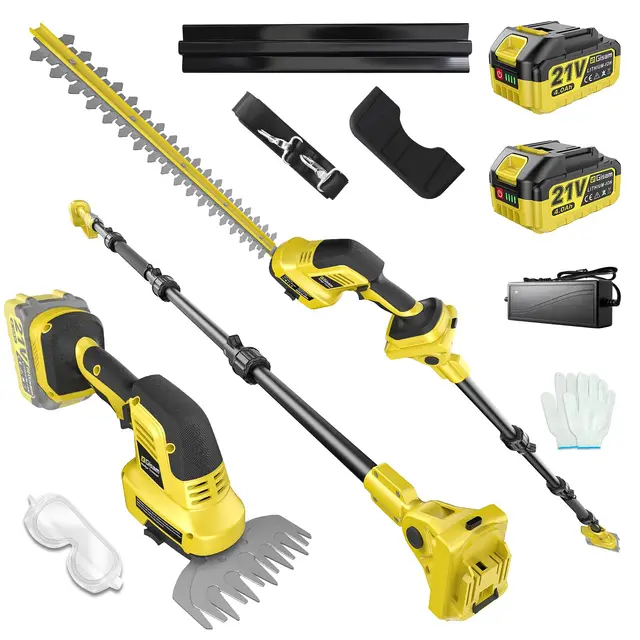 4 en 1 Cortasetos a batería Podador Altura para Makita 18V, con 2×4.0Ah baterías, extensión 4,55 m, Cuchillas 406 mm & 152 mm, Cabeza Corte giratoria 180°, como cortaarbustos y cortacésped (Amarillo)