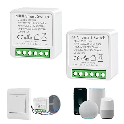 Interruptor WiFi Smart Life, 16A Relé Interruptor Inteligente Wi-Fi & Bluetooth, 2.4g Smart Light Switch Compatible con Asistente de Voz y Tuya, Smart Switch Alexa, Requiere Cable Neutro (2 piezas)