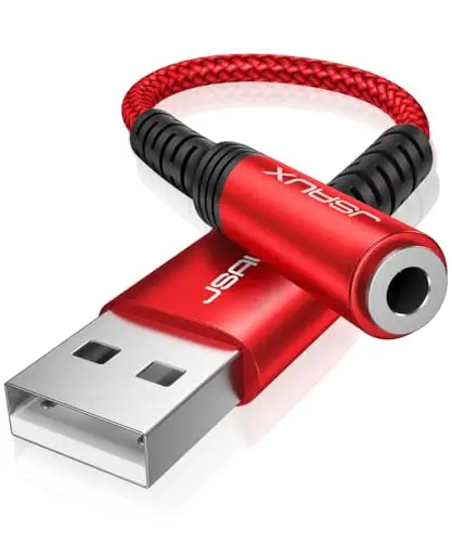 JSAUX Tarjeta De Sonido Externa USB, Adaptador USB a Jack 3,5mm Audio, Sonido Estéreo Convertidor Auxiliar para Auriculares y Micrófono Compatible con PS5/4, Linux, computadora portátil, PC-Rojo