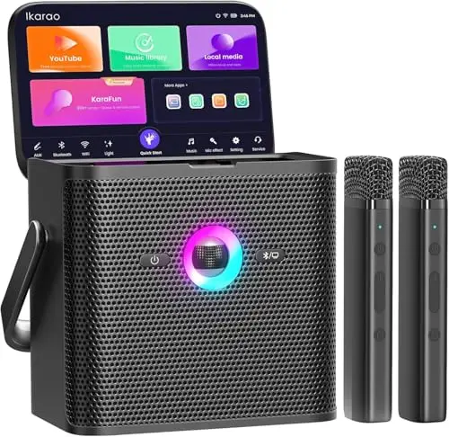 Máquina de karaoke Ikarao para adultos y niños, con pantalla de visualización de letras, conexión WiFi a YouTube y aplicación de karaoke, 2 micrófonos inalámbricos EQ Autotune, sistema PA de karaoke