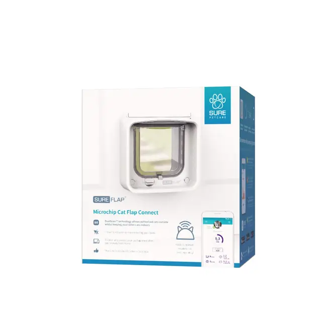 Gatera SureFlap Connect Sure Petcare con Lector de Microchip; tecnología DualScan; con aplicación móvil; para Puertas, Ventanas y Paredes; Blanco; hub Conector; Necesita 4 Pilas AA (no Incluidas).