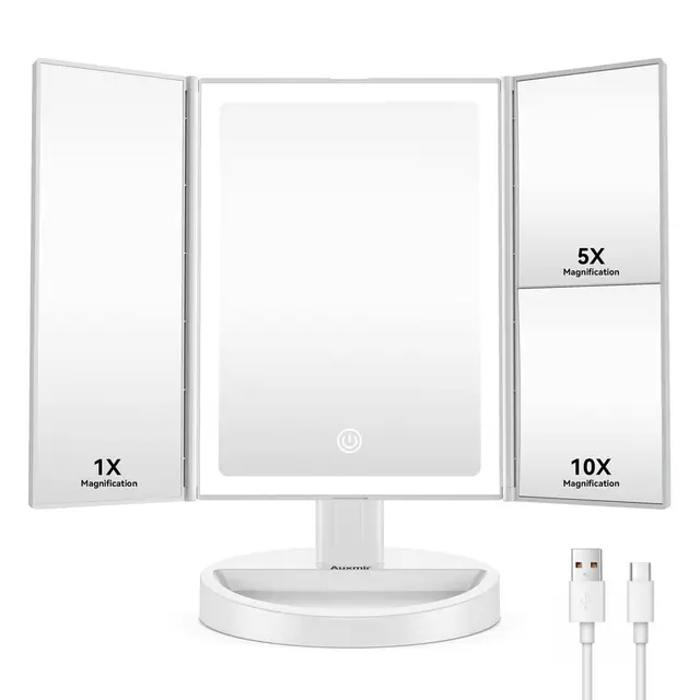 Auxmir Espejo Maquillaje con Luz 2000mAh Recargable 10X/5X/1X Aumento Tríptico 68 Leds Pantalla Táctil Brillo Regulable 180° Giratorio 3 Colores Luz USB, Blanco