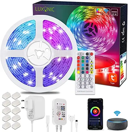 Tira LED Alexa WiFi 20M / 65.6Ft, LUXONIC tira de luz LED RGB ultra larga, sincronización de música controlada por aplicación de teléfono inteligente, funciona con Alexa Google Assistant