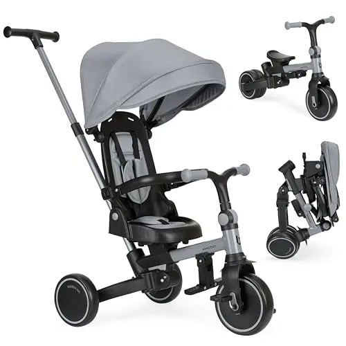 KikkaBoo Triciclo Evolutivo ALUMA 8 en 1, Triciclo Bebé Plegable con Manillar Padres, Asiento Reversible, Capota Ajustable, Arnés 5 Puntos, Marco Aluminio, Gris