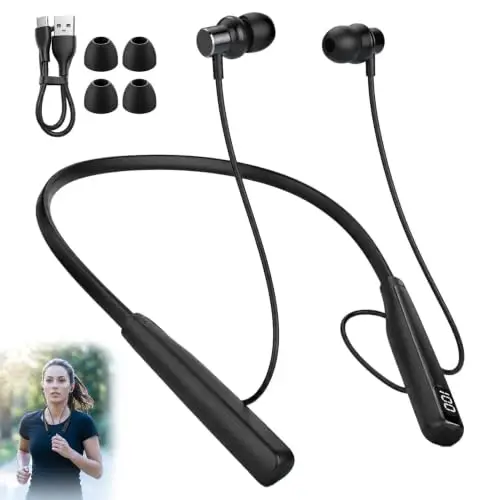 Auriculares Deportivos Bluetooth 5.3 con Banda para el Cuello, 80 Horas de Reproducción, Imanes Antipérdida, Cancelación de Ruido, Micrófono Integrado, Carga USB-C, IPX5 para Correr y Gimnasio, Negro