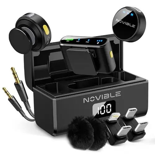 Micrófono de Solapa Inalámbrico para iPhone, Android, Cámara, PC - Lavalier con Cancelación de Ruido, 100 m de Alcance - 25 h de Autonomía con Estuche de Carga