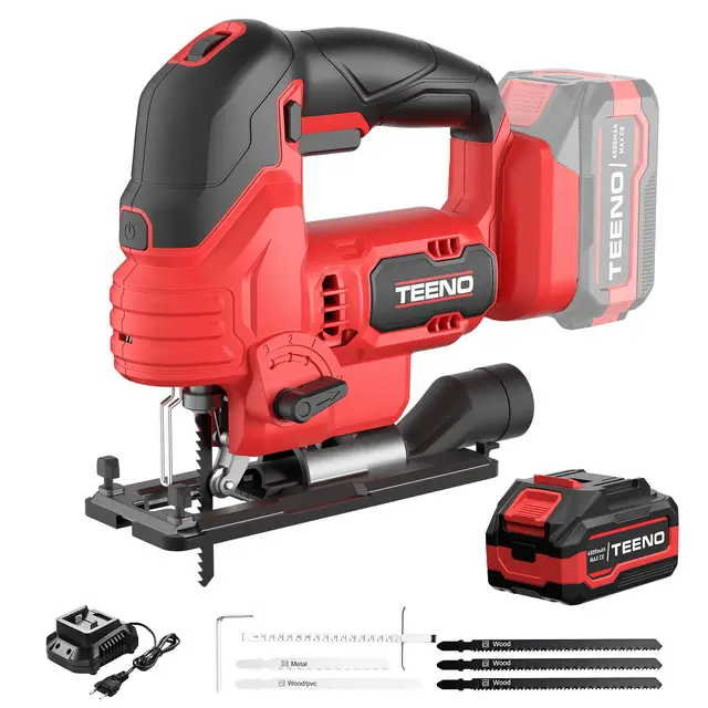 TEENO Sierra de Calar para Batería Makita de 20V 4.0Ah, 800-3000 SPM Caladoras para Madera con Láser Con 5 cuchillas, Corte ± 45°, 6 VELOCIDADES,LED, Cortar Metal, Madera, Plástico