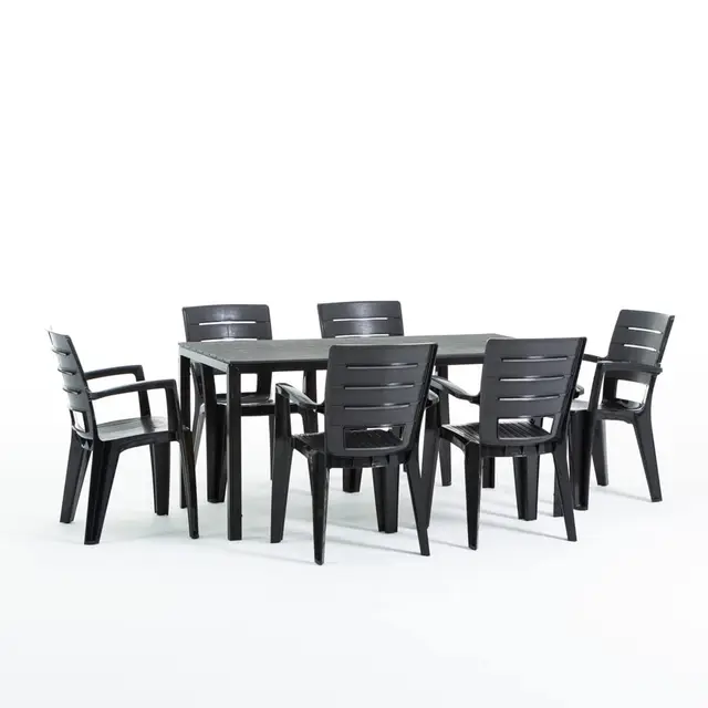 Conjunto jardín exterior mesa y sillas para 6 personas, mesa rectangular de acero con listones de polietileno efecto madera, 6 sillas apilables de resina - Thomas & Anita (Antracita)