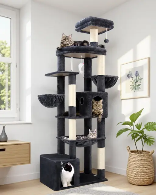 Globlazer Árbol Rascador para Gatos XXL 194 cm Alto con 2 Nidos Grande, Hamaca 50 * 40CM, Gran Plataforma, 2 Cesta, Percha, Enorme Torre para 3-5 Grandes Gatos Descansar Jugar (S76B, Gris Oscuro)