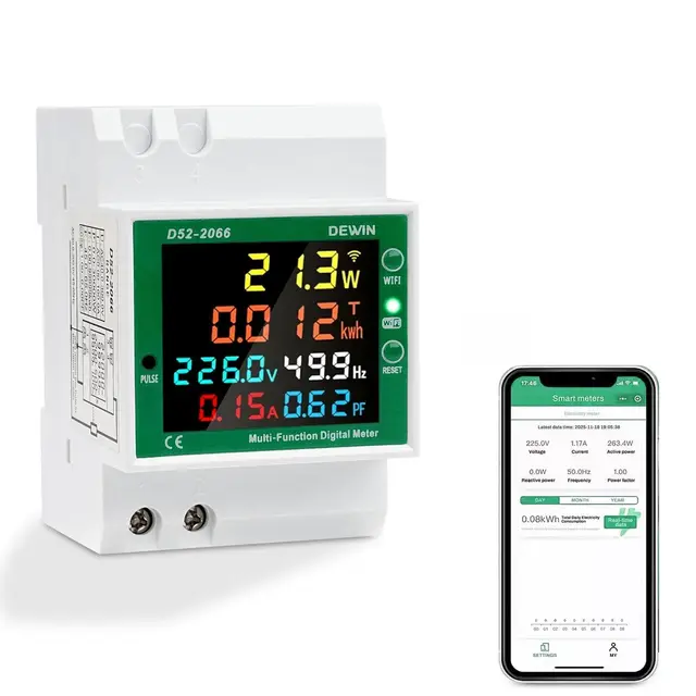 DEWIN Medidor de Consumo Electrico Wifi Monofásico, 6 en 1 Contador Electrico Digital Monofasico Medidor de Energia Electrica Wifi Tuya AC40~300V 100A Voltímetro Amperímetro Carril Din