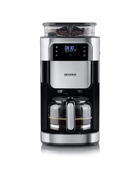 SEVERIN - Cafetera de goteo con molinillo hasta 10 tazas, Cafetera de filtro / Cafetera americana con jarra de cristal de 1l, con pantalla LED con temporizador, Acero inoxidable / Negro, KA 4813