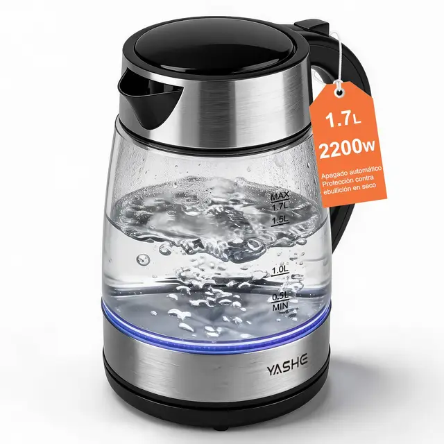 YASHE Hervidor Eléctrico de Agua Vidrio 1,7L, 2200W Hervidor Rápido con Luz LED Azul, Apagado Automático y Protección contra Hervido en Seco, Diseño Inalámbrico con Base 360°