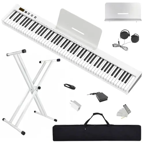Longeye Piano Eléctrico 88 Teclas–Teclado Piano y Portátil con Soporte, Semicontrapesadas, Pedal de Sustain, Atril y Bolsa de Transporte–Blanco(Slim-88)