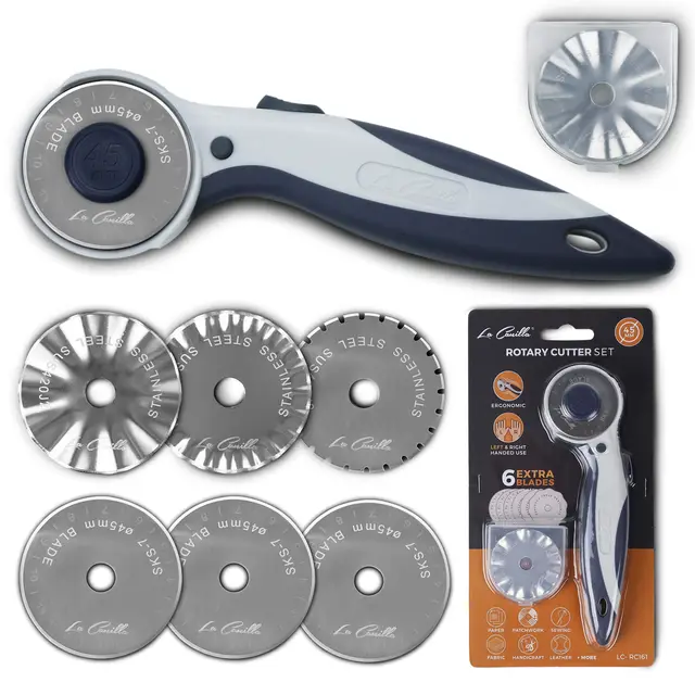 La Canilla Cutter Rotatorio Profesional 45mm + 6 Cuchillas para Cortar Telas de Costura, Patchwork Scrapbook y otros Materiales, Cortador Circular Rotativo, Manualidades Papel Kraft o Cuero