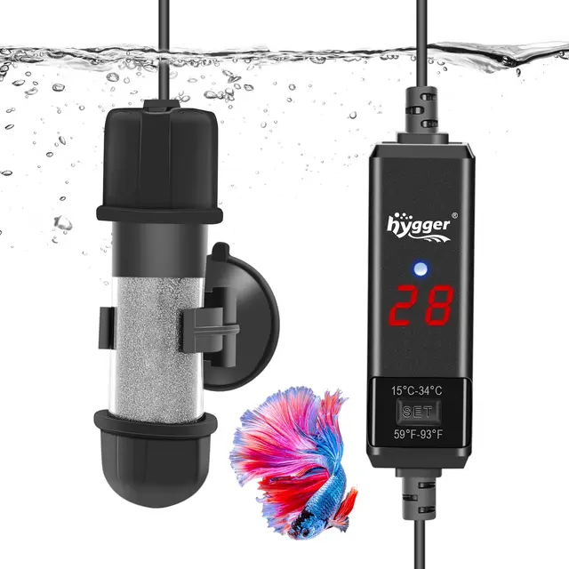 Hygger Calentador de Acuario Mini Calentador de Tanque de Peces, Calentador de Vidrio Sumergible, Controlador de Temperatura Ajustable 15-34 ℃, Mini Varilla de calefacción de Acuario (10W)