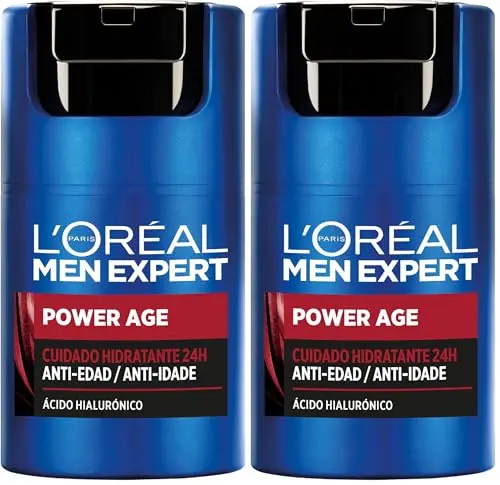 L'Oréal Crema hidratante para hombre, Antiarrugas y antienvejecimiento, Con ácido hialurónico hidratante para el envejecimiento, Para pieles secas y apagadas, Men Expert Power Age, 50ml (Paquete de 2)