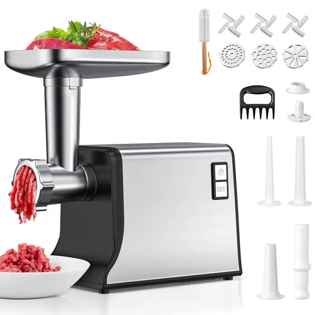 Picadora de carne eléctrica 3000 W, con 3 placas de corte, 3 cuchillas y 3 tubos para embutidos, Picadora de carne multifuncional para uso doméstico