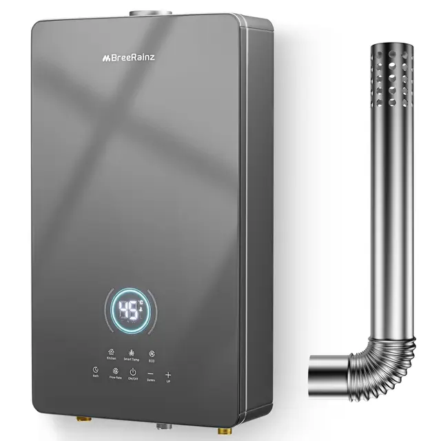 BreeRainz 16 LPM Calentador de Agua Gas,32 kW Calentador de Agua Butano Propano con 5 Modos, Botones de Pantalla Táctil LED, Toma de 220 V, Funcionamiento con Butano y Propano