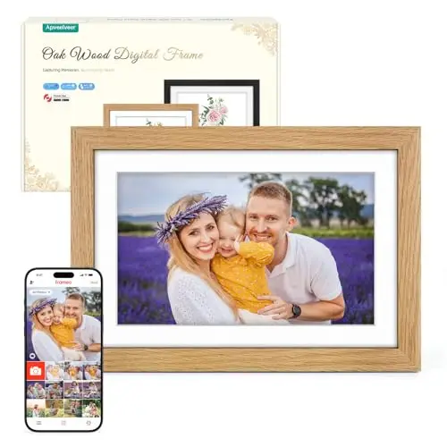 Marco de Fotos Digital WiFi Madera de Roble con 32GB Memoria, Marco Digital 10.1" con Pantalla Táctil IPS HD de 1280 * 800, Comparte Fotos/Videos a Través de la App Frameo, Regalos para Mujer Hombre