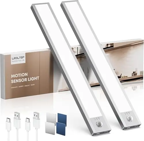 LROLTEF Luz Led Armario Cocina con Sensor de Movimiento Interior 21CM 1500mAh 6500K 32 LED Lampara Luces Mueble Recargable sin Cables Inteligente Lamp Nocturna para Gabinete Escalera Pasillo 2 Piezas