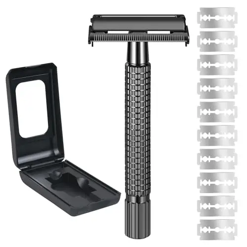 URAQT Maquinilla de Afeitar Clásica, Set de Afeitado con 10 Cuchillas de Recambio, Afeitadora de Seguridad Manual con Espejo Integrado, Tradicional Adecuado para Mujeres y Hombres, Negro