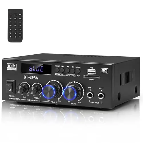Romica Amplificador Audio HiFi Estéreo Bluetooth 5.0, 2 Canales 450Wx2 con Radio FM, USB, SD, Entradas Óptica/Coaxial, Compatible con Altavoces Pasivos y subwoofer Activo para Cine en Casa