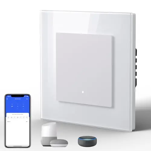 BSEED Interruptor Inteligente WIFI con Vidrio,Basculante Con Pilotitos LED,Requiere Cable Neutro,E-Series,1 Gang 1 Vía,86mm Blanco