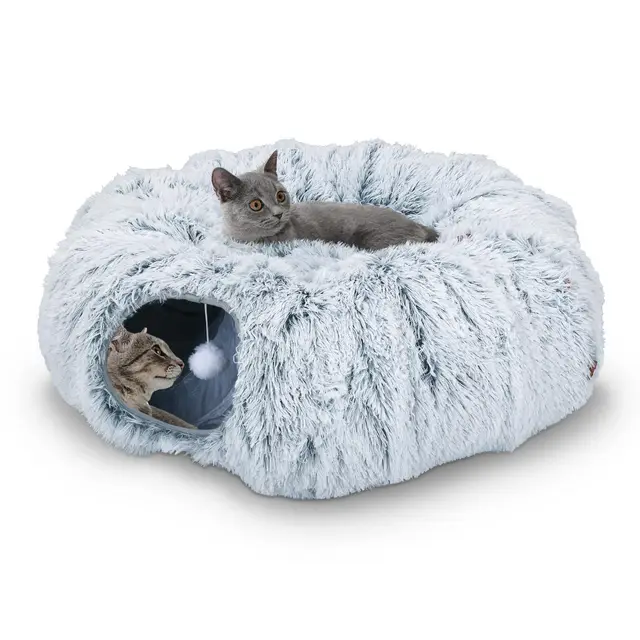 Road túnel para Gatos, Cama Tipo túnel para Gato con Alfombrilla de cojín Donut Forma Circular Plegable extraíble con Agujeros Bolas (Gris, 85 X 26 Cm)