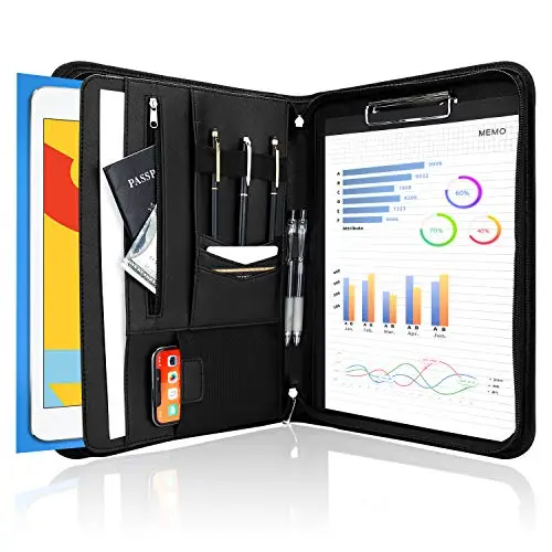ProCase Portafolio Grande con Cremallera, Portacuaderno Profesional Organiza Documento/Tarjetas/Plumas, Bolsillo de Tableta y Móvil Carpeta de Cuaderno de Notas - Negro