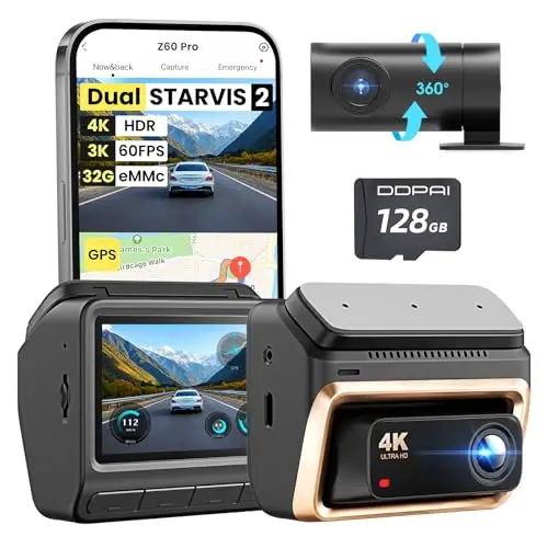 DDPAI Z60 Pro Dashcam 4K, Dual STARVIS 2 IMX678 60FPS, 32GB eMMC Integrado + Tarjeta 128GB Gratis, Visión Nocturna AI ISP, 4G LTE, WiFi 6 5GHz GPS, Modo Aparcamiento 24h, Pantalla IPS 3"