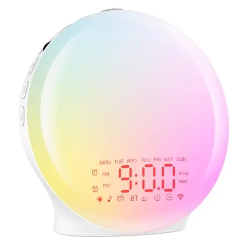 Despertador Luz Bluetooth,Reloj Despertador de Amanecer,Wake Up Light Simulación de Amanecer/Atardecer,17 Luces de Colores,2 Alarmas, 20 Niveles Brillo,22 Sonidos,Snooze Radio FM,Despertador Infantil