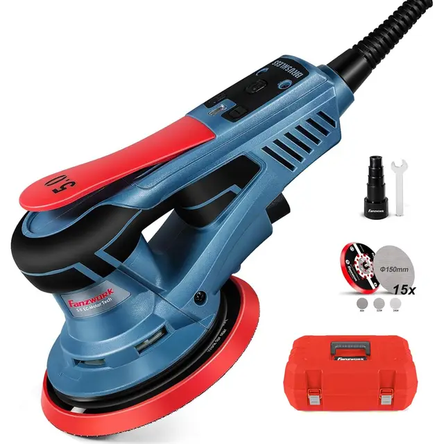 FANZWORK Lijadora rotorbital EZ150A, 350W, órbita de 5 mm, disco de 150 mm, 7 velocidades, freno de disco, 15 lijas, disco de repuesto y maletín de transporte.