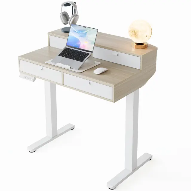 HUANUO Escritorio Elevable Pequeñ 80 x 53 cm con Cajones, Comp con Abraz C, Escritorio Ajustabl en Altura para Sentado/De Pie, Mesa Elevable para Oficina en Casa con 4 Niveles Altur Memor