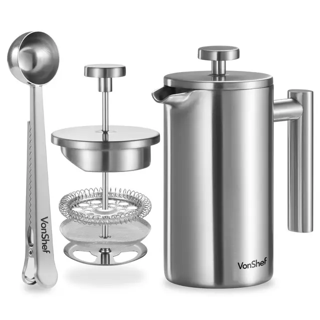 VonShef Cafetera Francesa de 350ml, 3 Tazas - Cafetera Manual de Acero Inoxidable de Doble Pared con Cuchara Medidora y Clip 2 en 1 - French Press Apta para Lavavajillas