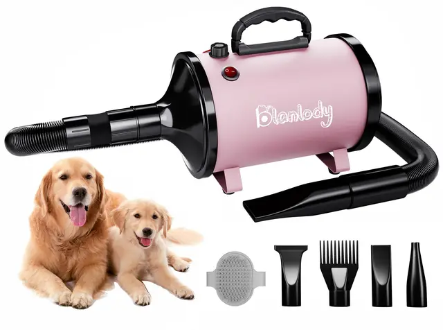 Secador de Pelo para Perros Blower Muy silencioso 4,5 CV / 3200 W Motor de Velocidad Ajustable, para el Cuidado de Perros con 4 boquillas Diferentes Manguera elástica y Cepillo de Cuidado