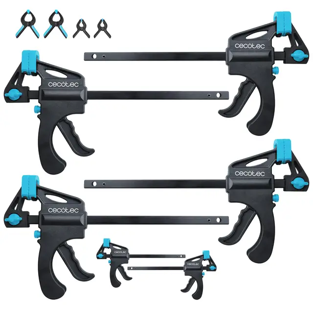 Cecotec Sargentos de Barra 10 Piezas StrongComfort 360 Instant. Liberación y Presión Rápida, Hasta 70kg de Fuerza, Cabezal Extraíble Bidireccional, Nylon Reforzado, Incluye Pinzas con Almohadillas