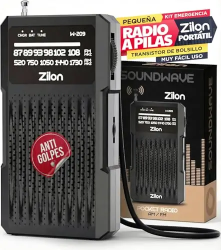 ZILON Transistor Radio a Pilas Pequeña Portatil Analogica Kit Emergencia FM Am Entrada Auriculares de Bolsillo Simple Personas Mayores Numeros Grandes para Facil Vision AntiGolpes AA - MAS VENDIDA