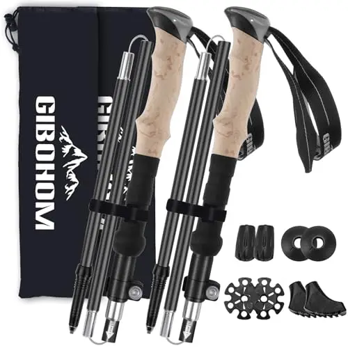 GIBOHOM 2 Pcs Bastones de Senderismo Plegables Nórdicos, Bastones Trekking de Aluminio 7075 Antichoque 105-125 CM con 4 Pares de Topes de Goma, Palos Senderismo para Senderismo Alpinismo Trail Viaje