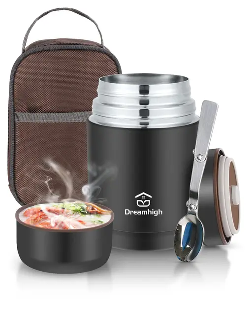 Dreamhigh® Termo para Comida 800 ml, Recipiente Térmico para Comida, Frasco Acero Inoxidable Contenedor Térmico con Bolsa Aislada e Cuchara Plegable, para Adultos Niños-Sin BPA (Negro)
