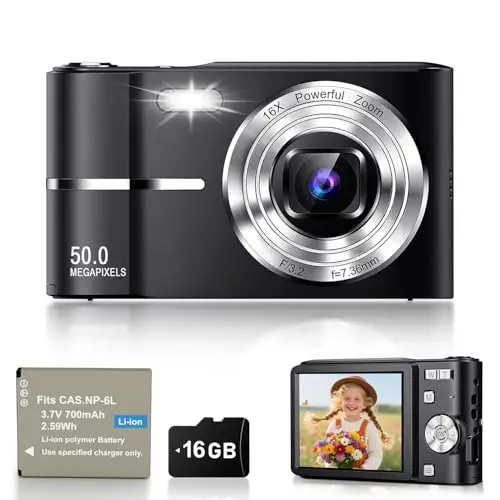 Camara de Fotos Digital Compacta, 50MP 1080P Digitales Camaras con Pantalla de 2.4”, 16X Zoom Digital, Mini Video Cámara Flash Antivibración para Infantil, Principiantes y Adultos, 16G Negro