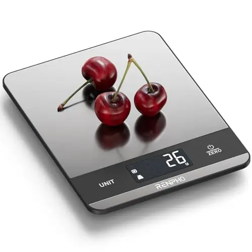 RENPHO Bascula Cocina Acero Inoxidable con 7 Unidades, Alta Precisión Balanza Peso de Cocina Digital, Bascula Comida para Hornear, Cocinar, Pantalla LCD, Batería Incluida