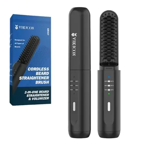 VIKICON - Cepillo alisador de barba inalámbrico para hombre, 3 niveles de temperatura ajustables, cepillo iónico recargable para cabello y barba, antiquemaduras, portátil (negro)